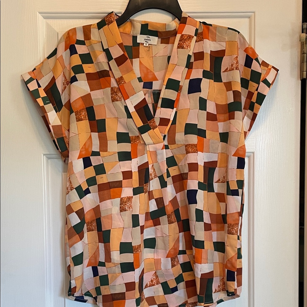 entro Geometric Cross-Front Blouse in Peach, Orange, Green & Navy